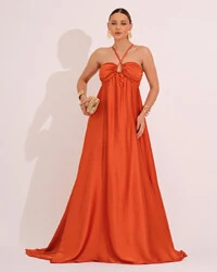 Vestido de Festa Longo Cetim Fluido Frente Única Costa Cruzada Terracota
