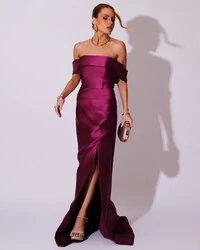Vestido de Festa Longo Zibeline Ombro a Ombro Drapeado e Fenda Fúcsia