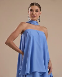 Vestido de Festa Longo Chiffon Crepe em Camadas com Lenço Azul Atlantis