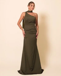 Vestido de Festa Longo Alafataria Um Ombro Só Detalhe Drapeado Verde Oliva New