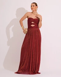 Vestido de Festa Longo Tule Brilho Tomara que Caia Recortes Marsala
