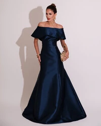 Vestido de Festa Longo Ombro a Ombro Zibeline com Babado Azul Marinho