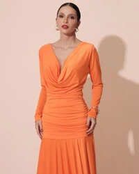 Vestido de Festa Longo Malha Degagê Drapeado Manga Longa Laranja