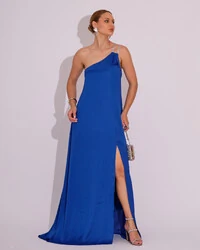 Vestido de Festa Longo Cetim Um Ombro Só Azul Royal