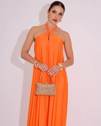 Vestido Longo com Amarração em Malha Laranja
