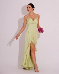 Vestido Midi Babado Acetinado Verde Lima