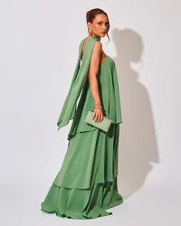 Vestido de Festa Longo Chiffon Crepe em Camadas com Lenço Verde Claro