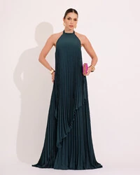 Vestidos de Festa Longo Chiffon Fluido Frente Única Plissado Duplo Verde Escuro