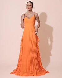 Vestido de Festa Longo Crepe Chiffon Alça Fina Saia Plissada com Babado Cascata Laranja