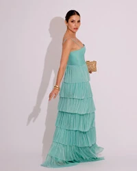 Vestido de Festa Longo Tule Glitter com Camadas Tiffany