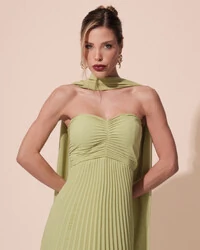 Vestido de Festa Longo Tomara que Caia Plissado com Lenço Verde Garden