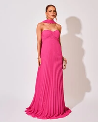 Vestido de Festa Longo Tomara que Caia Plissado com Lenço Pink
