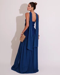 Vestido de Festa Longo Tomara que Caia Alfaiataria e Saia Crepe Chiffon e Lenço Azul Royal