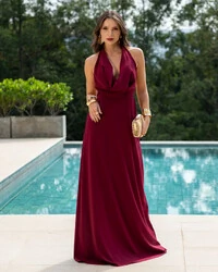 Vestido de Festa Longo com Decote Degagê Marsala