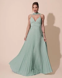 Vestido de Festa Longo Plissado Crepe Chiffon com Alça e Lenço Menta