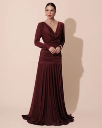 Vestido de Festa Longo Malha Degagê Drapeado Manga Longa Marsala Escuro