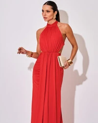 Vestido de Festa Longo Malha Jersey Gola Alta Saia Sereia Vermelho