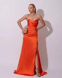 Vestido de Festa Longo Cetim Alfaiataria Tomara que Caia Fenda Laranja