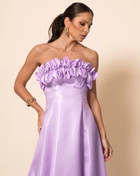 Vestido de Festa Longo Cetim Cristal Tomara que Caia com Flor 3D Lilás