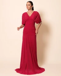 Vestido de Festa Longo Tule Manga Curto Drapeado Cereja