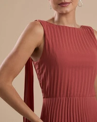 Vestido de Festa Longo Crepe Chiffon Plissado com Lenço nas Alças Terracota