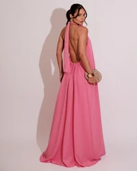 Vestido Longo Crepe Chiffon Frente Única Fluido Flor Removível Rosa
