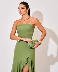 Vestido Longo com Fenda de Babados Alfaiataria Verde Matcha
