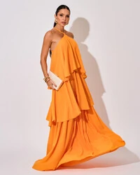 Vestido Longo Crepe Chiffon Babado em Camadas Laranja Manga