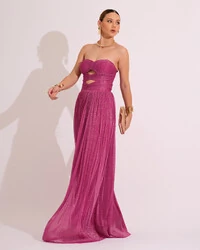 Vestido de Festa Longo Tule Brilho Tomara que Caia Recortes Fúcsia