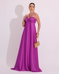 Vestido de Festa Longo Cetim Fluido Frente Única Costa Cruzada Fúcsia