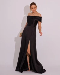Vestido de Festa Longo Ombro a Ombro Laço Zibeline com Fenda Preto