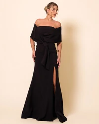 Vestido de Festa Longo Alfaiataria Ombro a Ombro Laço e Fenda Preto