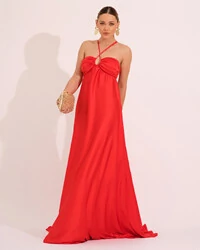Vestido de Festa Longo Cetim Fluido Frente Única Costa Cruzada Vermelho