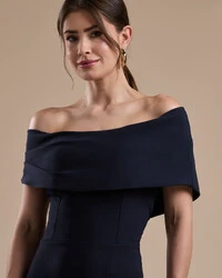 Vestido de Festa Longo Alfaiataria Ombro a Ombro com Babado Cascata Azul Marinho Escuro