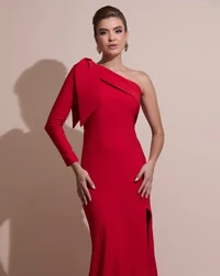 Vestido de Festa com Laço de Um Ombro em Alfaiataria Fenda Vermelho