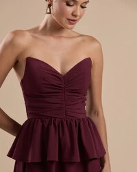 Vestido de Festa Longo Crepe Chiffon Tomara que Caia Peplum Drapeado Marsala