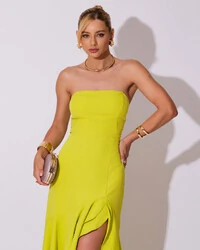 Vestido Longo com Fenda de Babados Alfaiataria Verde Lima New