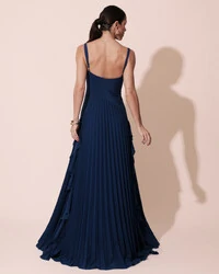 Vestido de Festa Longo Crepe Chiffon Alça Fina Saia Plissada com Babado Cascata Azul Marinho