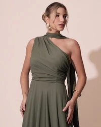 Vestido de Festa Longo Crepe Chiffon Um Ombro Só Drapeado com Lenço Verde Oliva