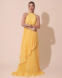 Vestidos de Festa Longo Chiffon Fluido Frente Única Plissado Duplo Amarelo