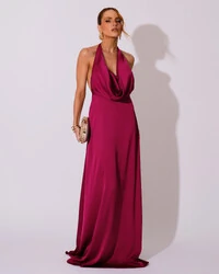 Vestido de Festa Longo Frente Única Degagê Cetim Fluido Cereja