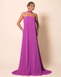 Vestido de Festa Longo Crepe Tomara que Caia com Lenço Fúcsia