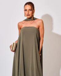 Vestido de Festa Longo Crepe Tomara que Caia com Lenço Verde Oliva