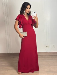 Vestido Longo com Decote em V e Manga Babado Vermelho