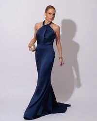 Vestido de Festa Longo em Cetim Alfaiataria com Elastano Frente Única Azul Marinho