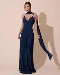 Vestido de Festa Longo Plissado Crepe Chiffon com Alça e Lenço Azul Marinho