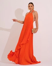 Vestidos de Festa Longo Chiffon Fluido Frente Única Plissado Duplo Laranja