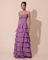 Vestido Longo Crepe Chiffon Tomara que Caia Plissado em Camadas Fúcsia