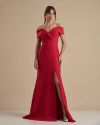 Vestido de Festa Longo Alfaiataria Ombro a Ombro com Fenda Vermelho