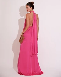 Vestido de Festa Gola Alta com Decote nas Costas Acetinado Pink